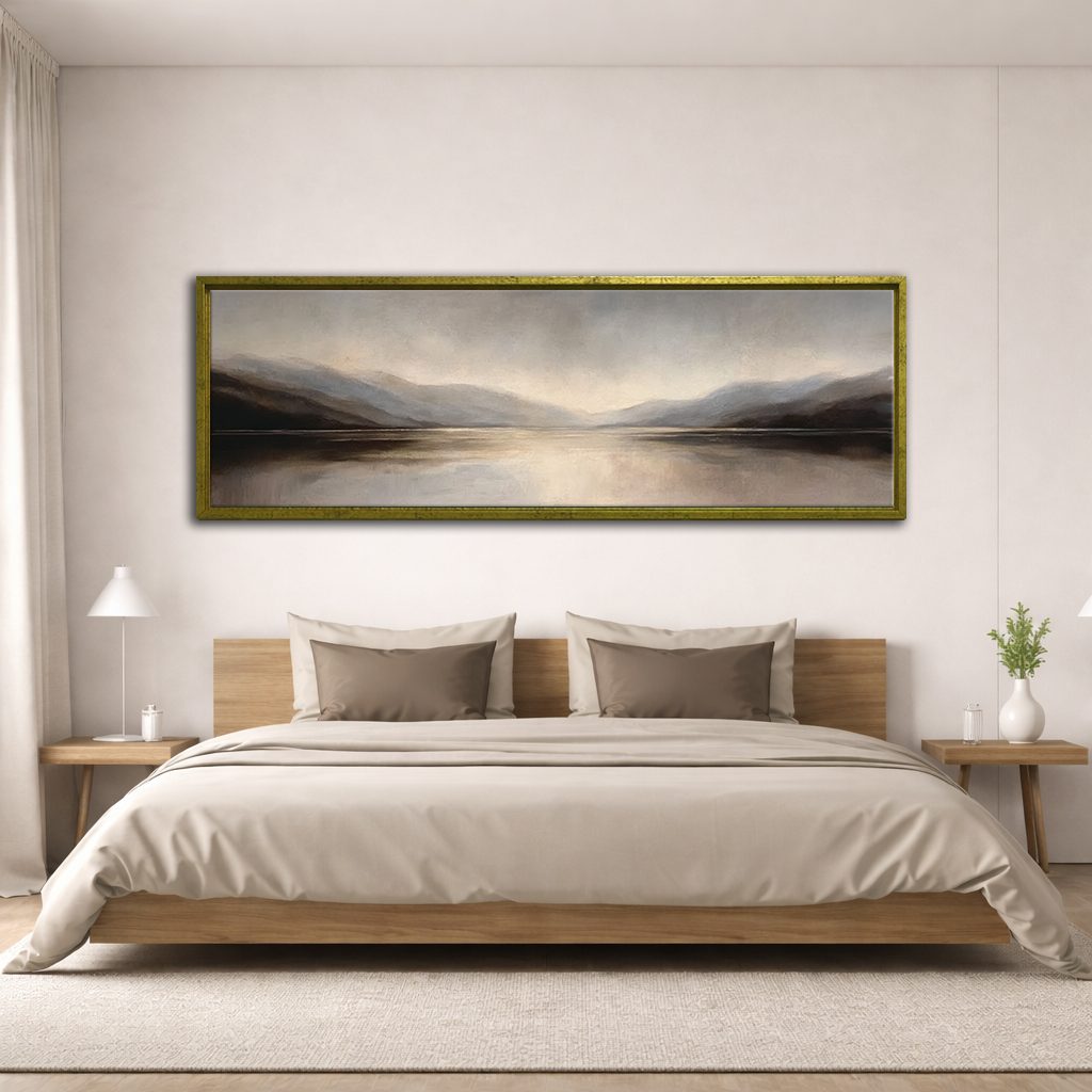 Misty Gray Lake and Mountains canvas wall art, antique gold floating frame