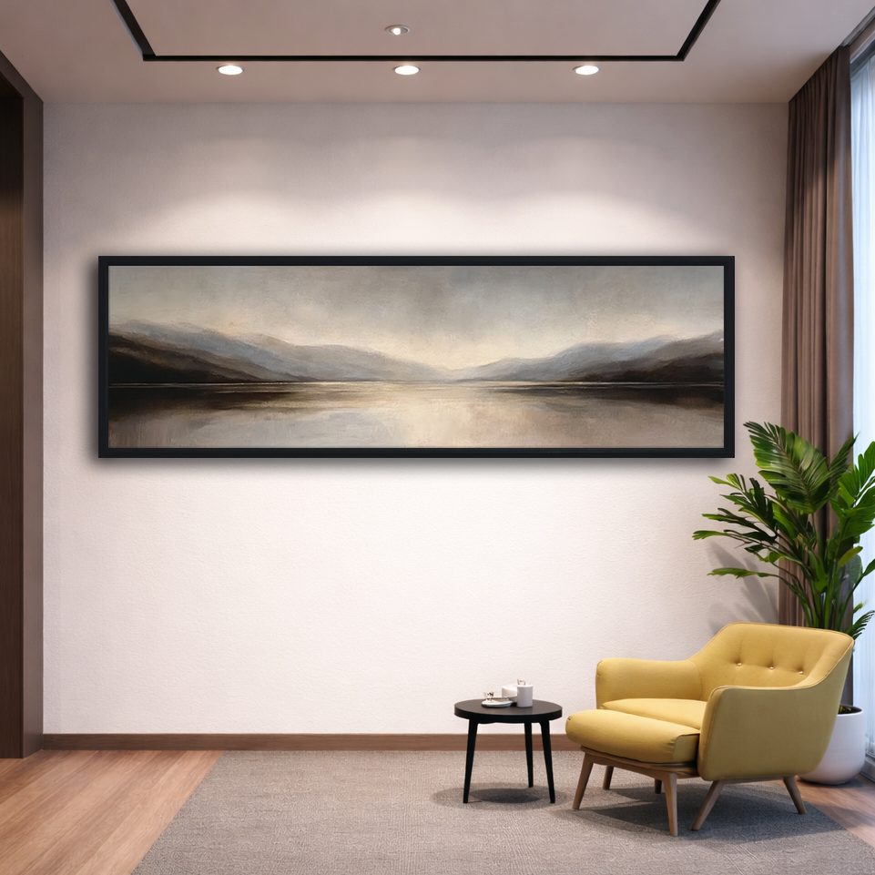 Misty Gray Lake and Mountains canvas wall art, black floating frame