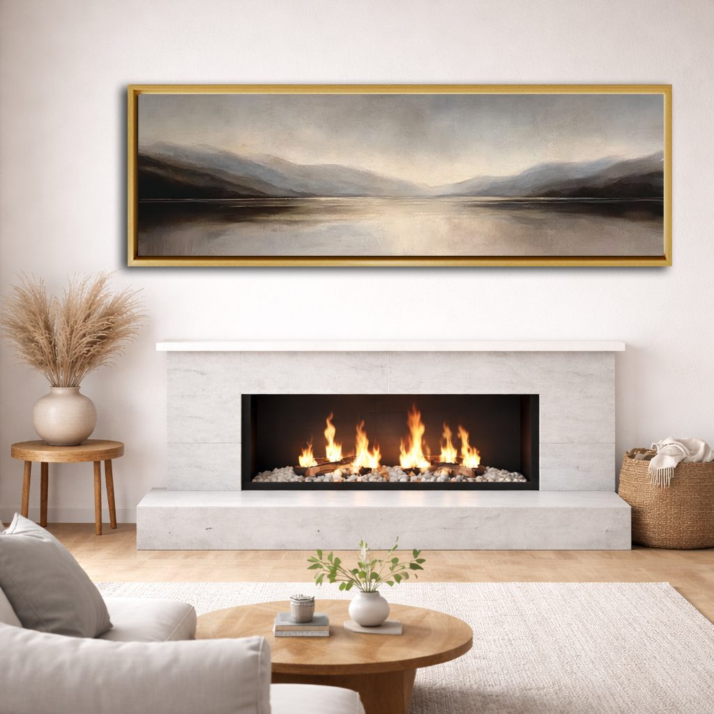 Misty Gray Lake and Mountains canvas wall art, natural wood floating frame