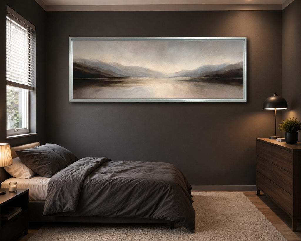 Misty Gray Lake and Mountains canvas wall art, silver floating frame