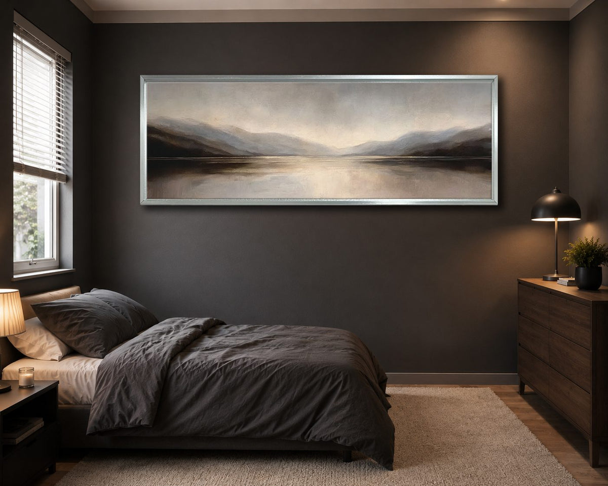 Misty Gray Lake and Mountains canvas wall art, silver floating frame