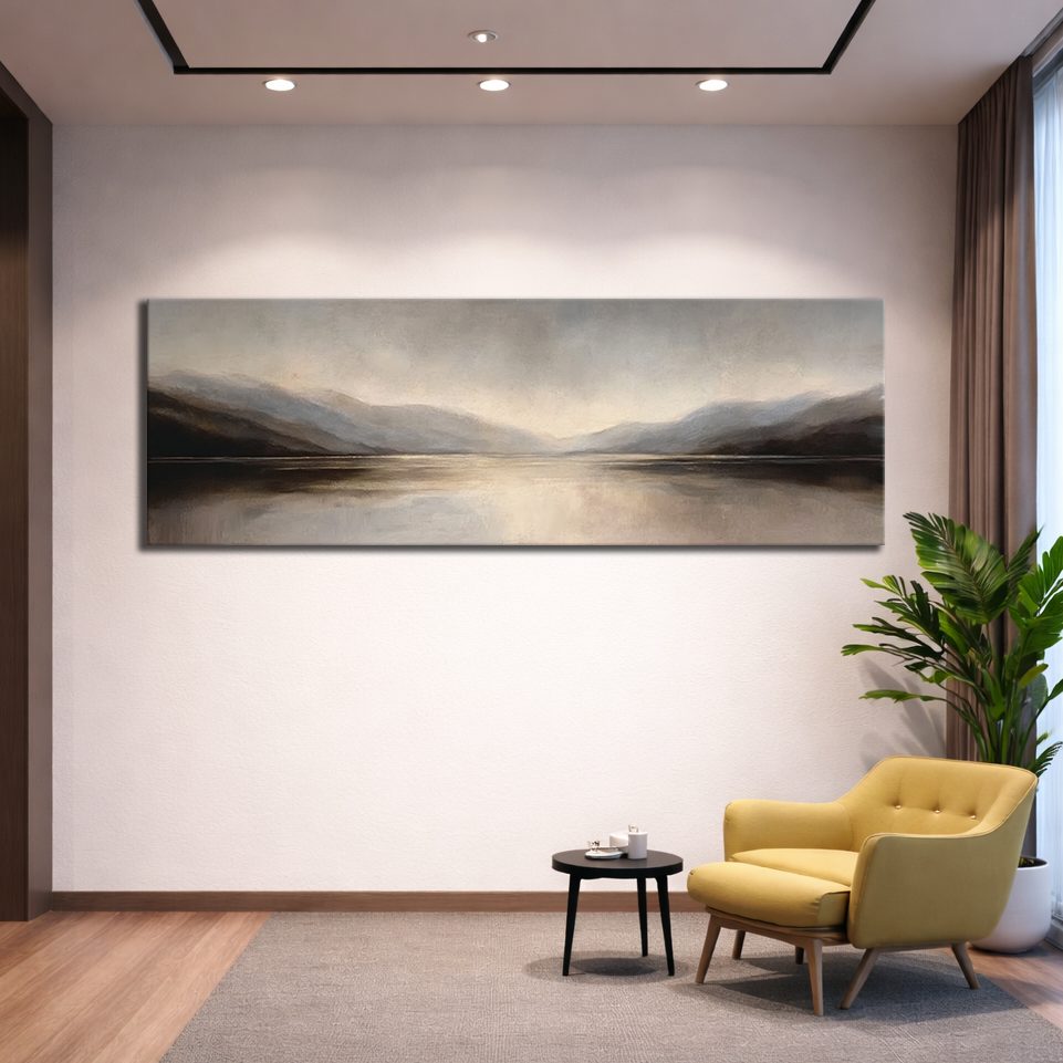 Misty Gray Lake and Mountains canvas wall art, unframed canvas