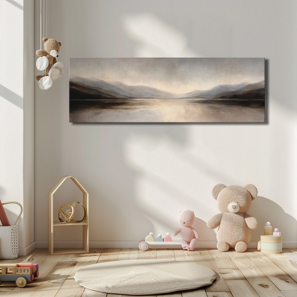 Misty Gray Lake and Mountains canvas wall art, unframed canvas