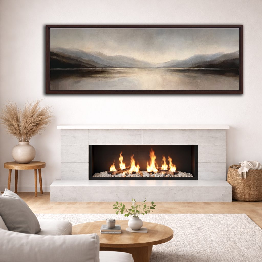 Misty Gray Lake and Mountains canvas wall art, walnut floating frame