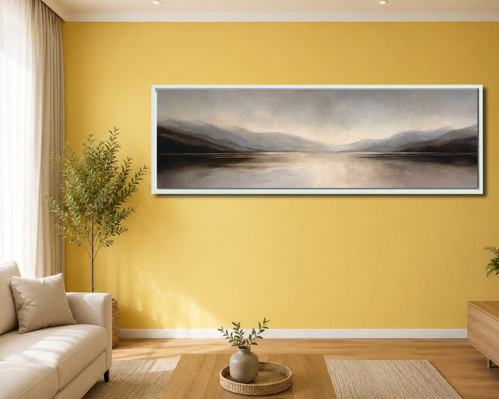 Misty Gray Lake and Mountains canvas wall art, white floating frame