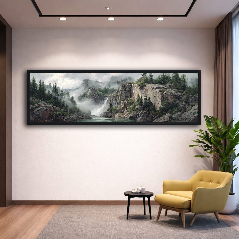 Misty Mountain Waterfall Forest canvas wall art, black floating frame