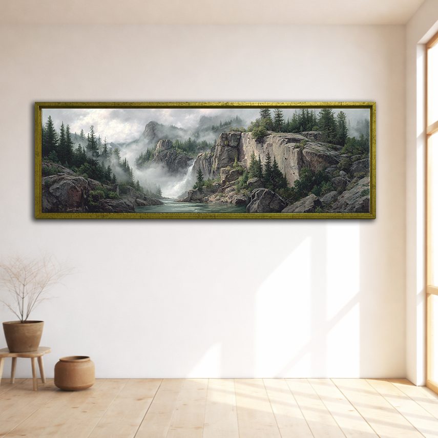Misty Mountain Waterfall Forest canvas wall art, gold floating frame