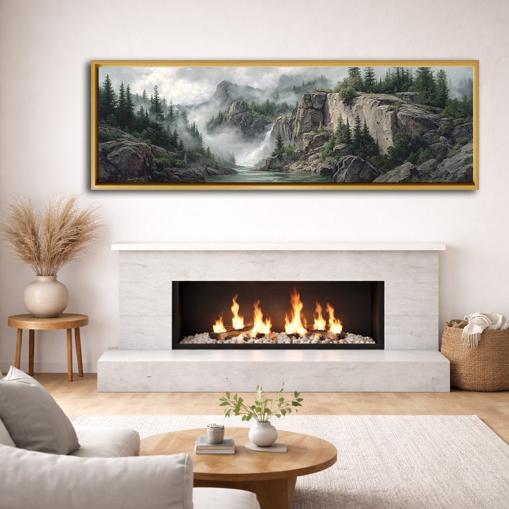 Misty Mountain Waterfall Forest canvas wall art, natural wood floating frame