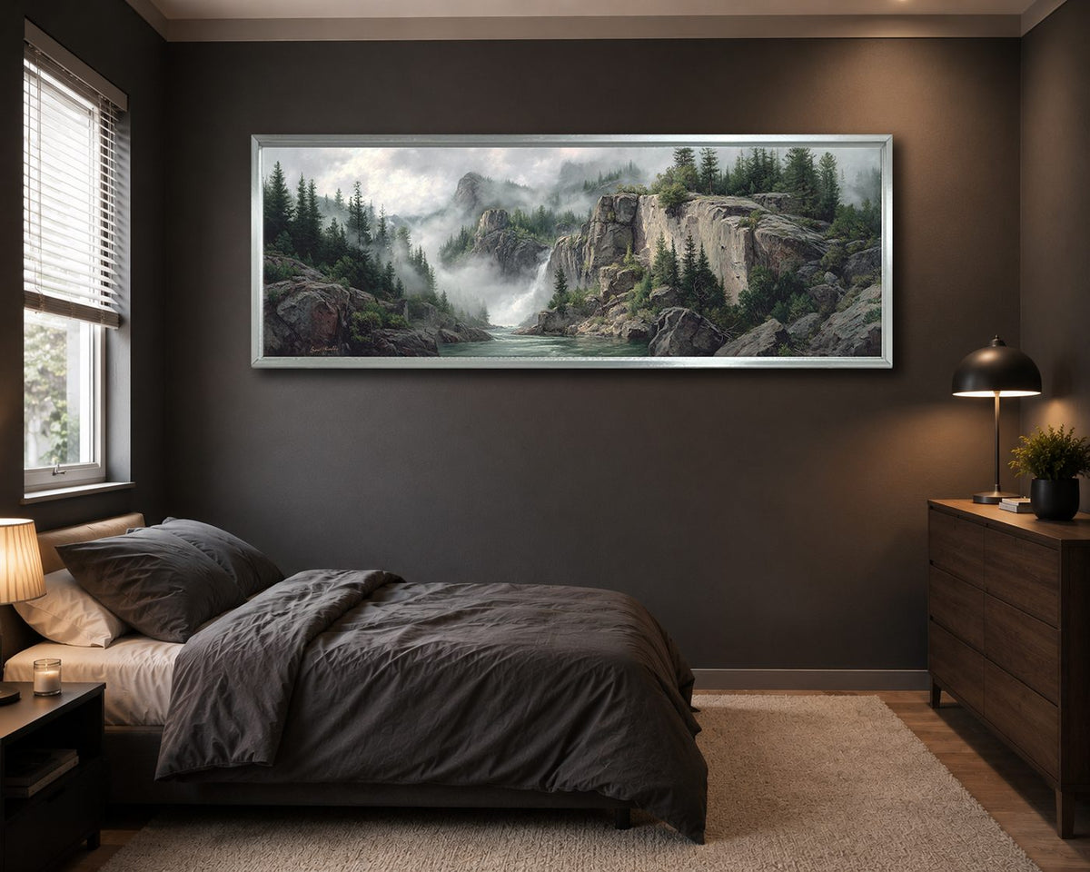 Misty Mountain Waterfall Forest canvas wall art, silver floating frame