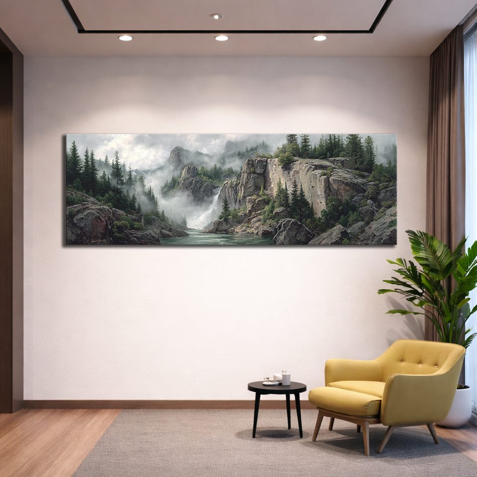 Misty Mountain Waterfall Forest canvas wall art, unframed canvas