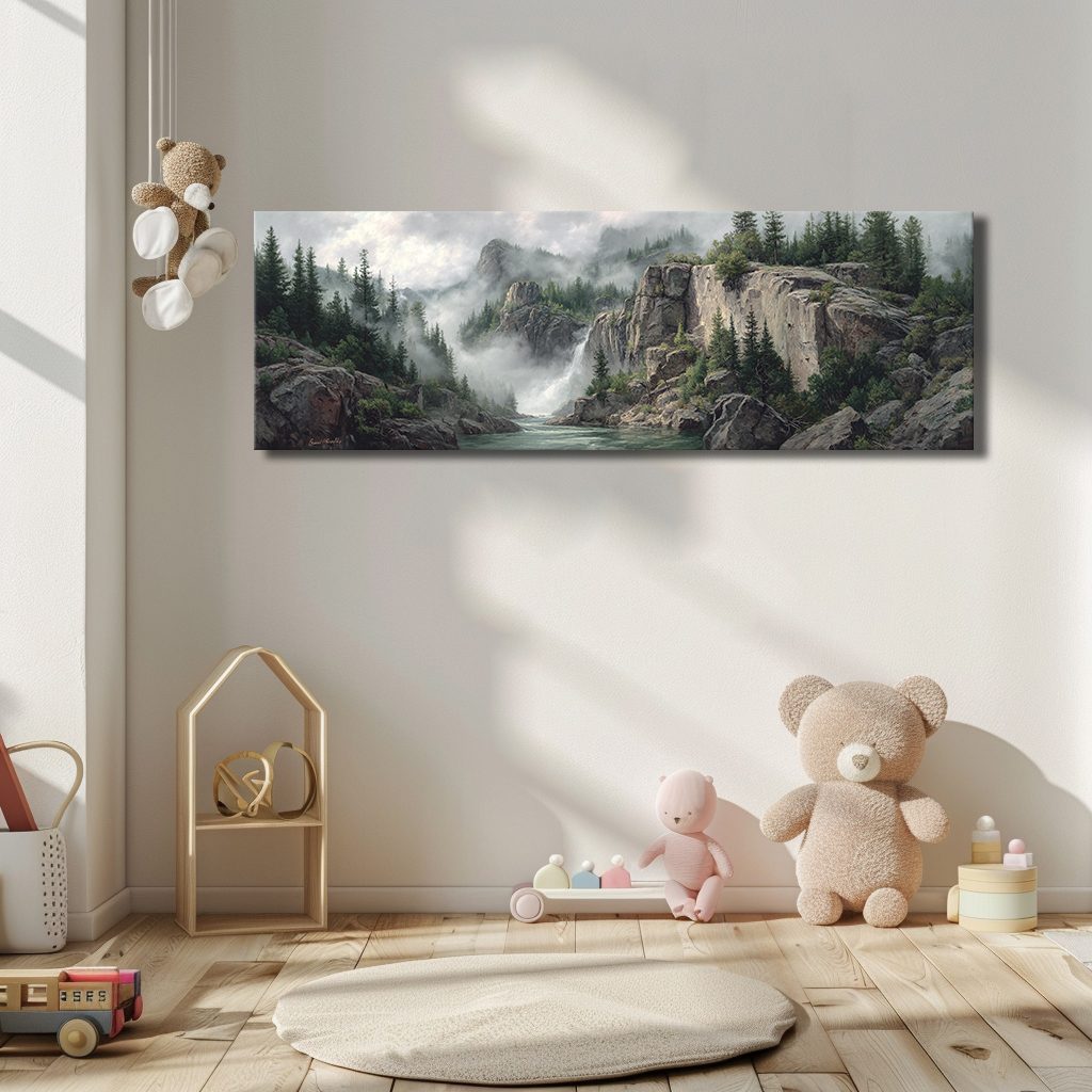 Misty Mountain Waterfall Forest canvas wall art, unframed canvas