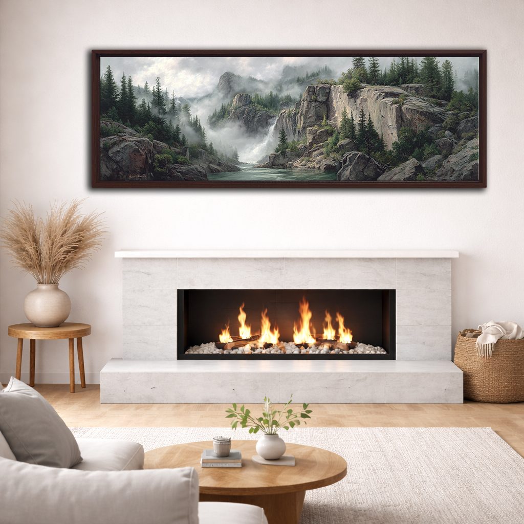 Misty Mountain Waterfall Forest canvas wall art, walnut floating frame