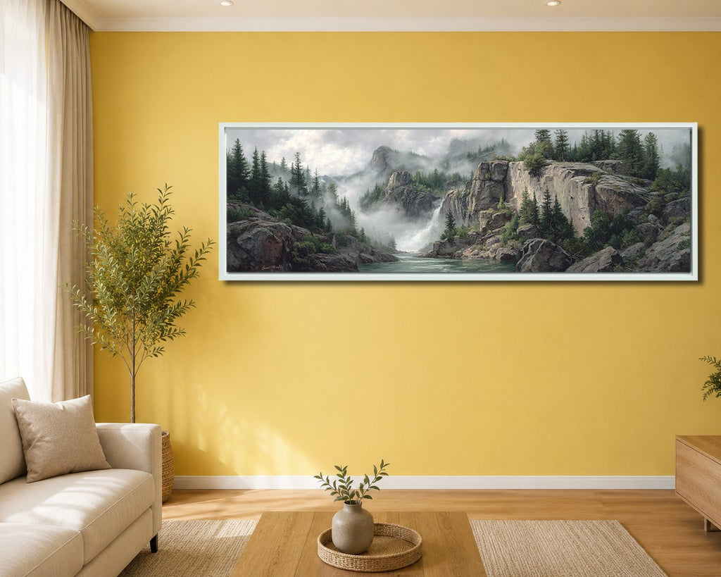 Misty Mountain Waterfall Forest canvas wall art, white floating frame