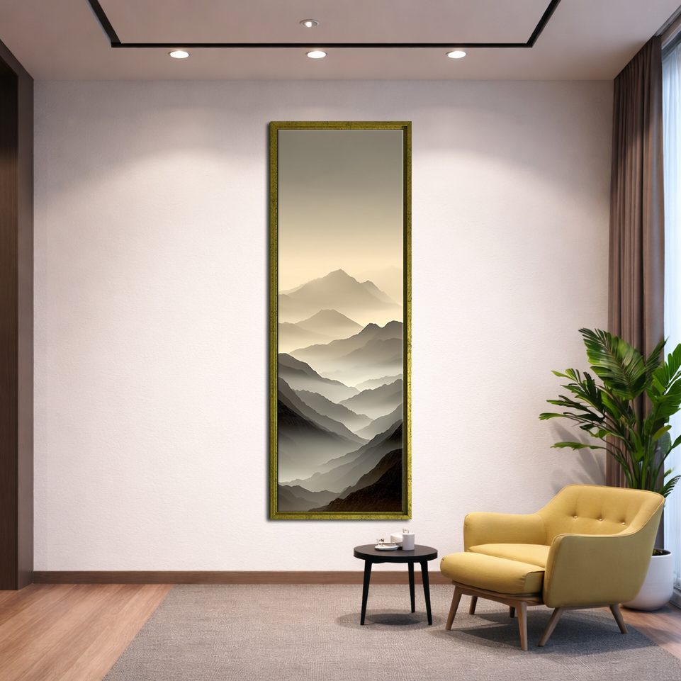 Misty Neutral Mountain Layers canvas wall art, gold floating frame