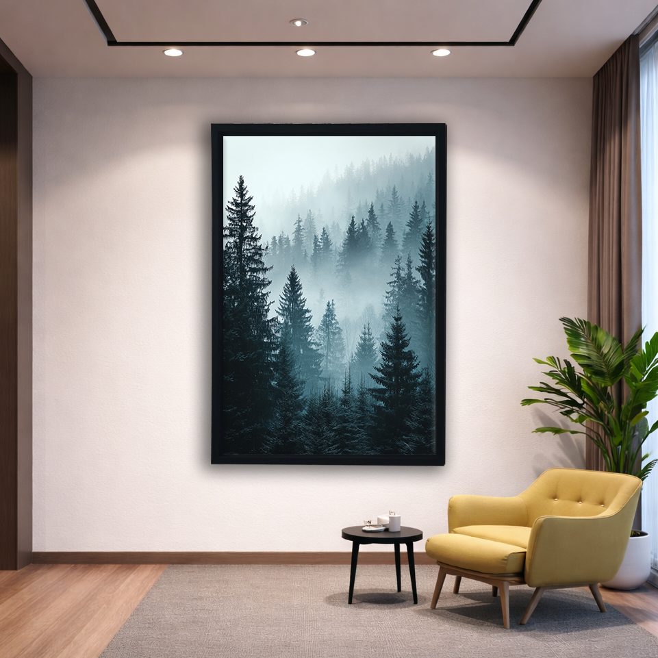 Misty Pine Forest Blue canvas wall art, black floating frame