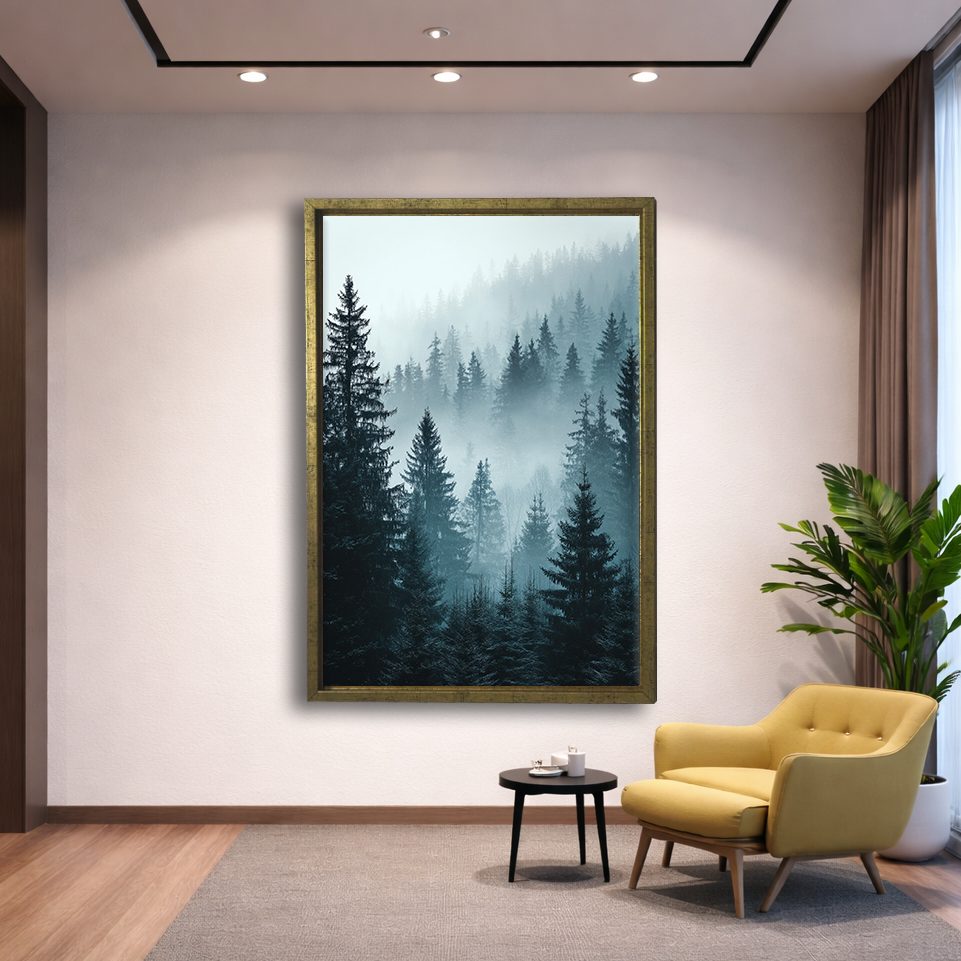 Misty Pine Forest Blue canvas wall art, gold floating frame