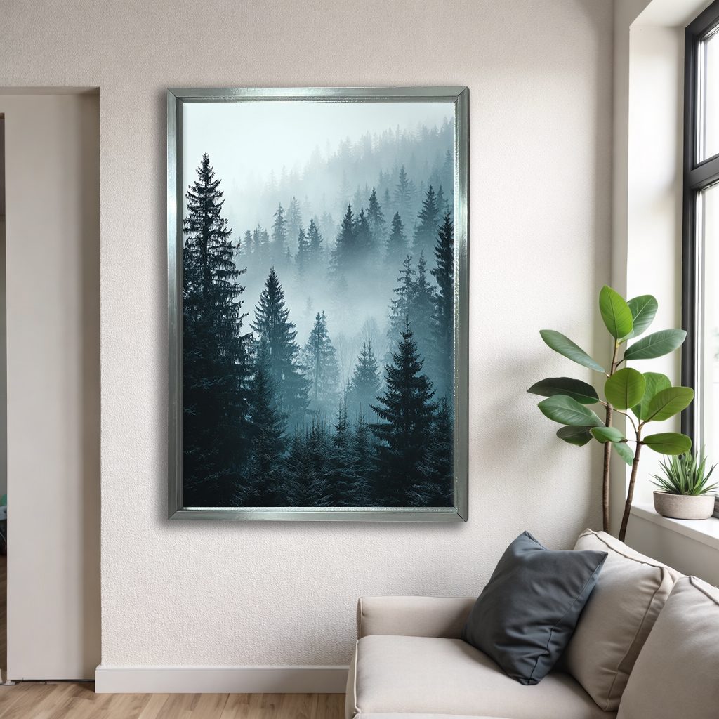Misty Pine Forest Blue canvas wall art, silver floating frame