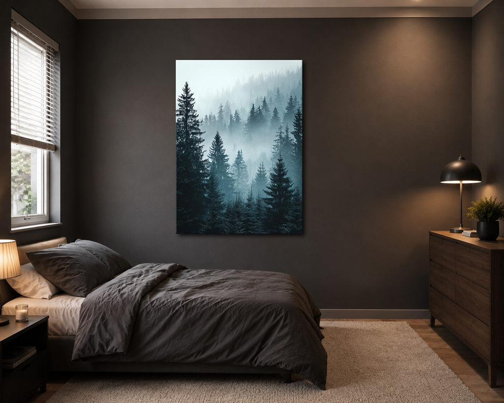 Misty Pine Forest Blue canvas wall art, unframed canvas