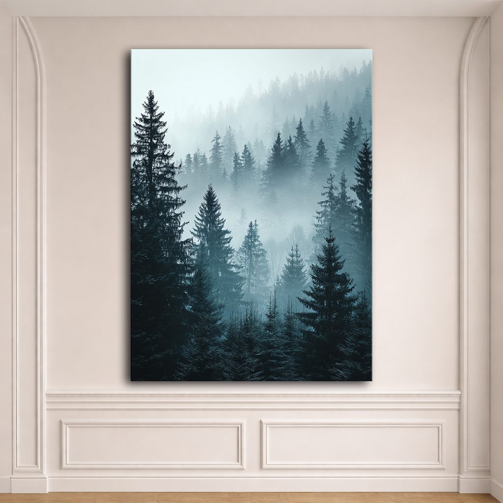 Misty Pine Forest Blue canvas wall art, unframed canvas