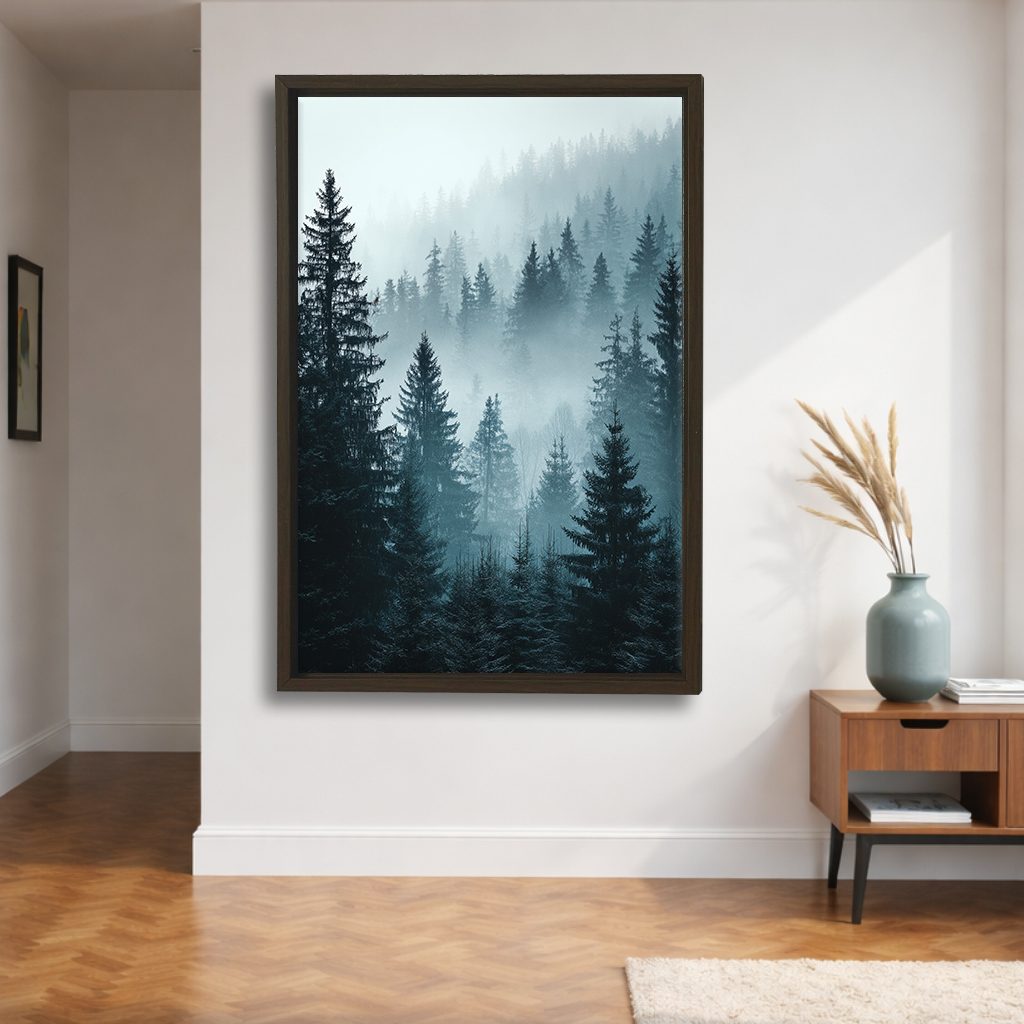 Misty Pine Forest Blue canvas wall art, walnut floating frame
