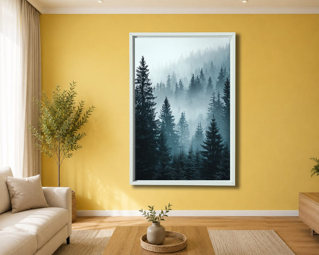 Misty Pine Forest Blue canvas wall art, white floating frame