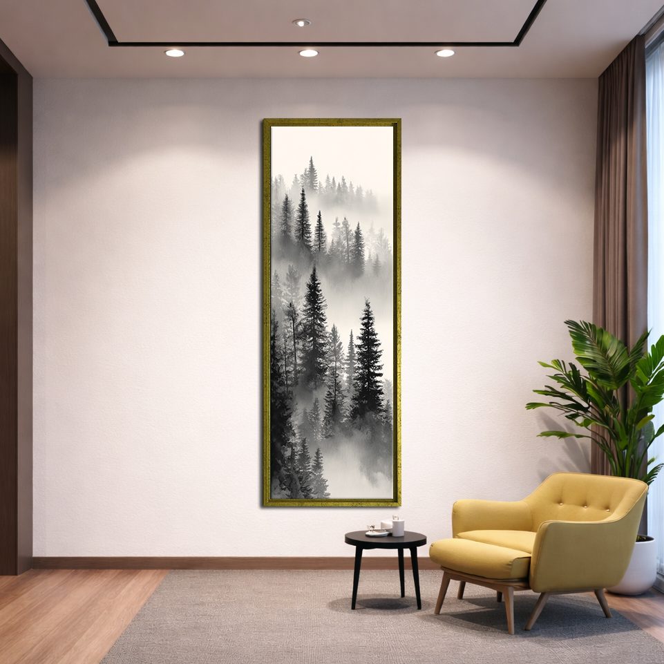 Misty Pine Forest canvas wall art, gold floating frame