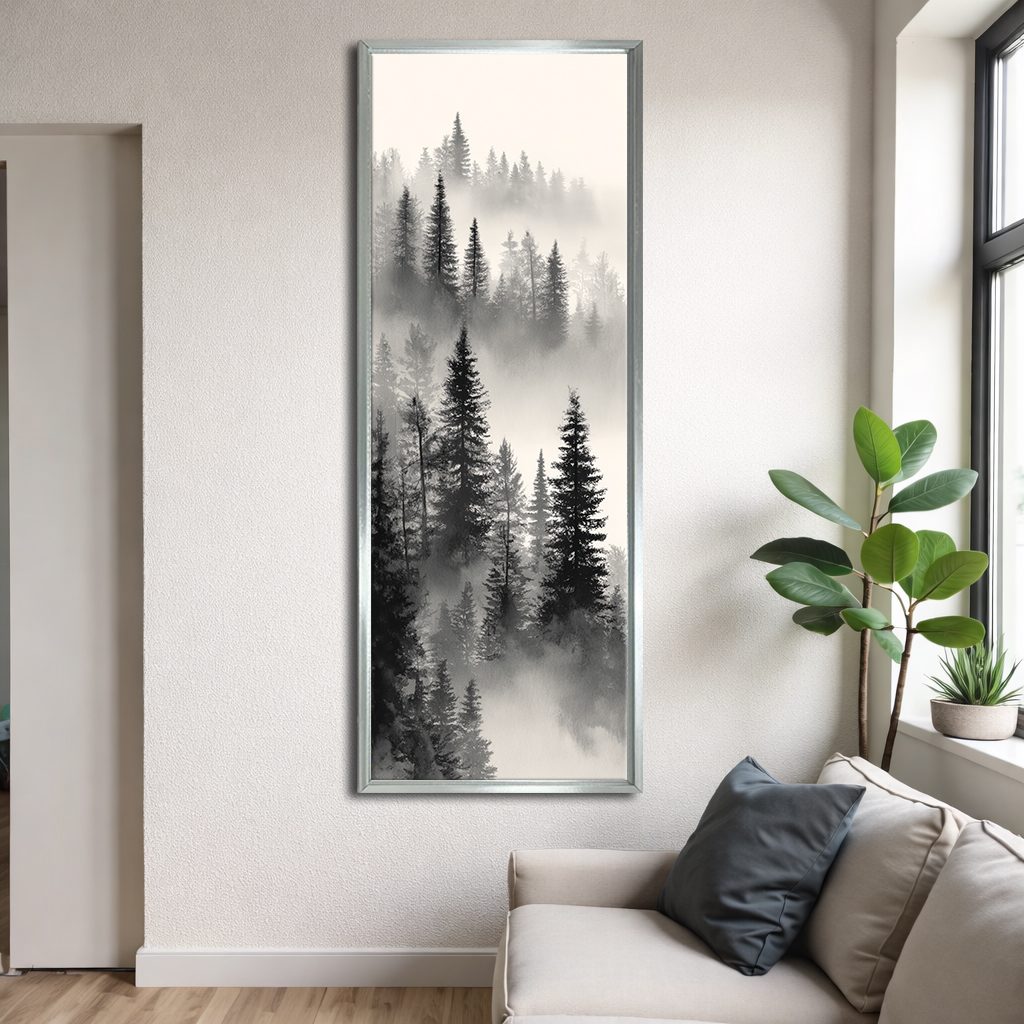 Misty Pine Forest canvas wall art, silver floating frame