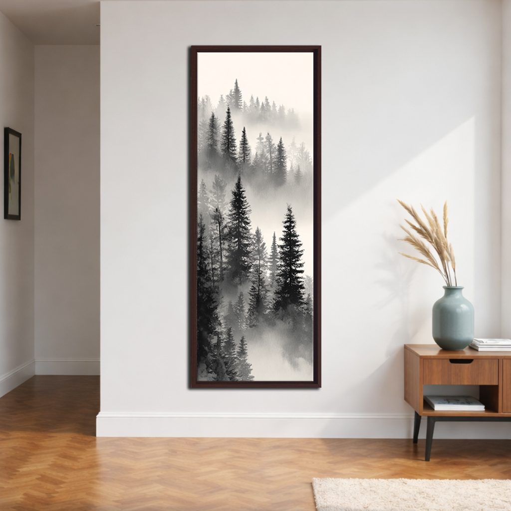 Misty Pine Forest canvas wall art, walnut floating frame