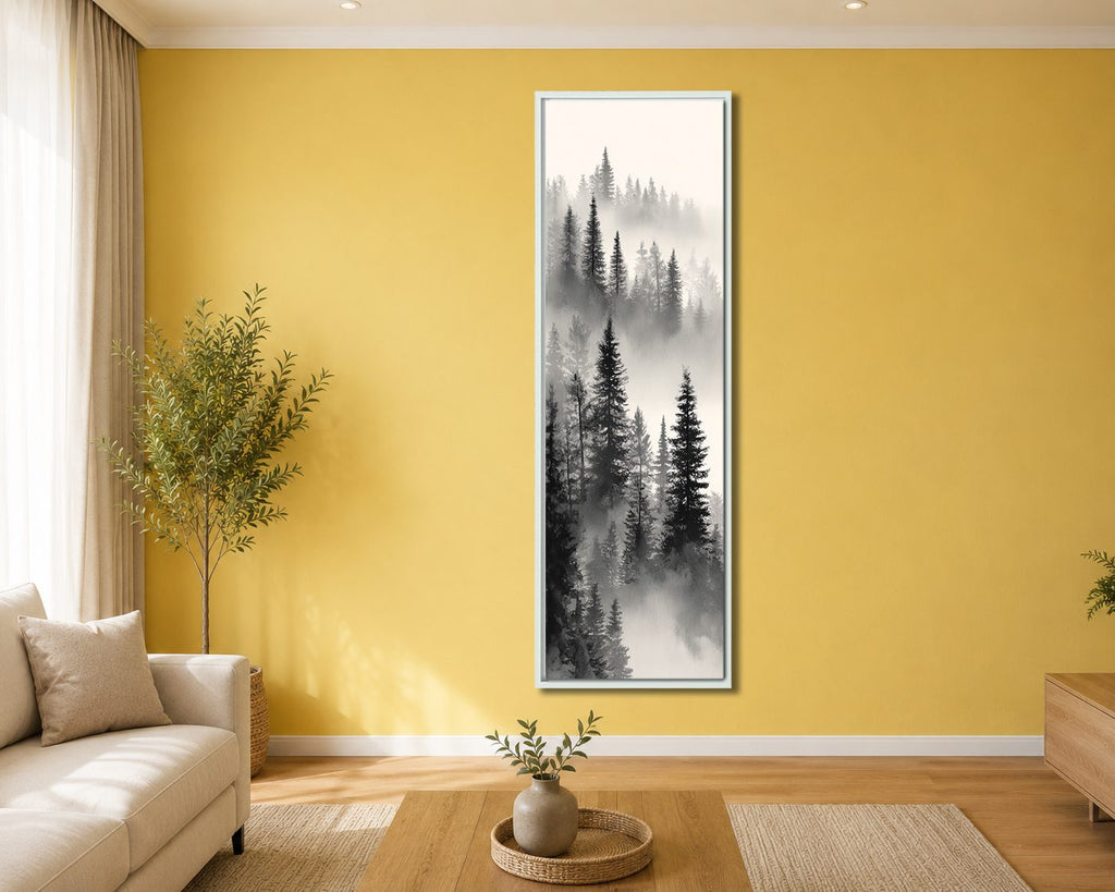 Misty Pine Forest canvas wall art, white floating frame