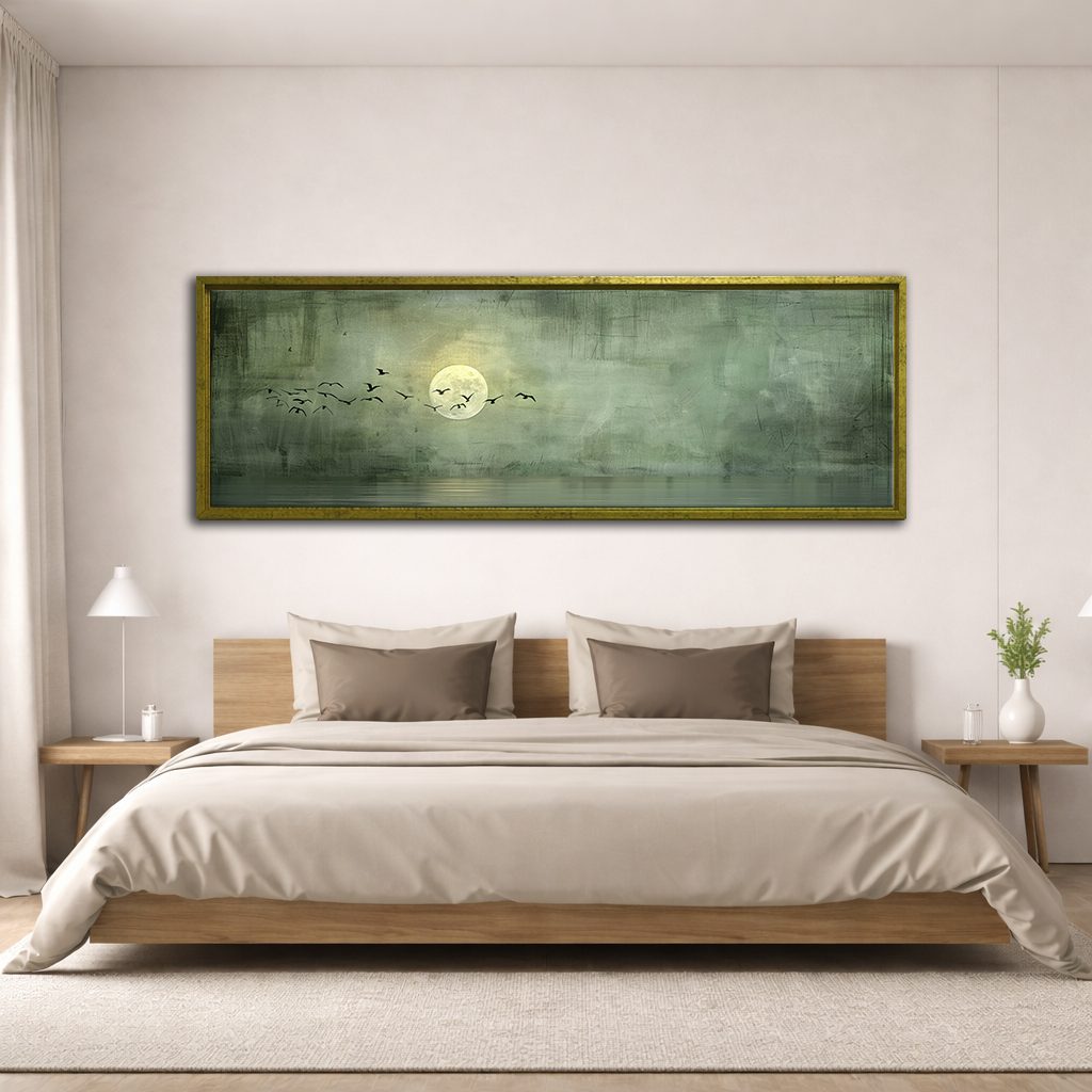 Moon and Birds on Sage Green canvas wall art, antique gold floating frame