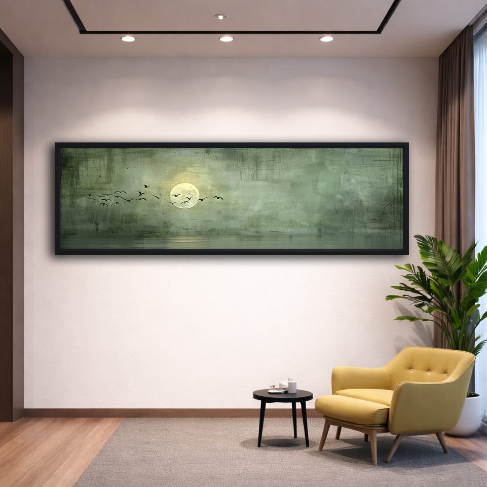 Moon and Birds on Sage Green canvas wall art, black floating frame