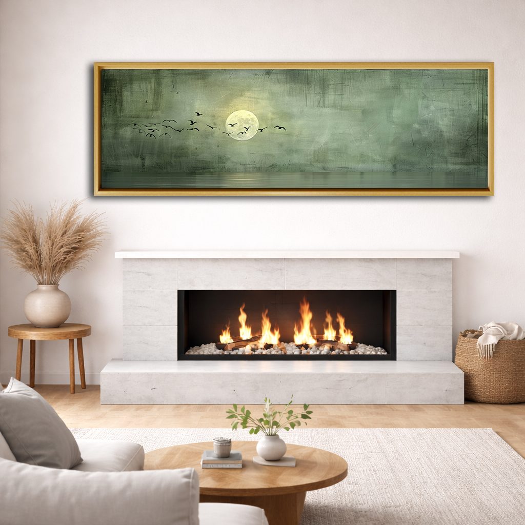 Moon and Birds on Sage Green canvas wall art, natural wood floating frame
