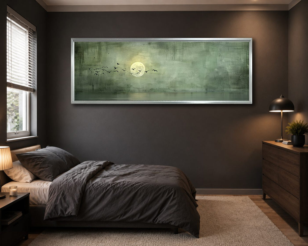 Moon and Birds on Sage Green canvas wall art, silver floating frame