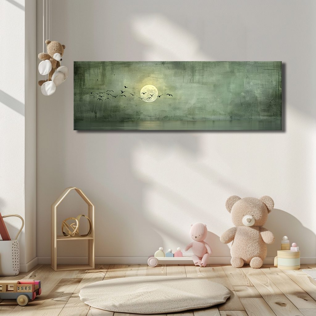 Moon and Birds on Sage Green canvas wall art, unframed canvas