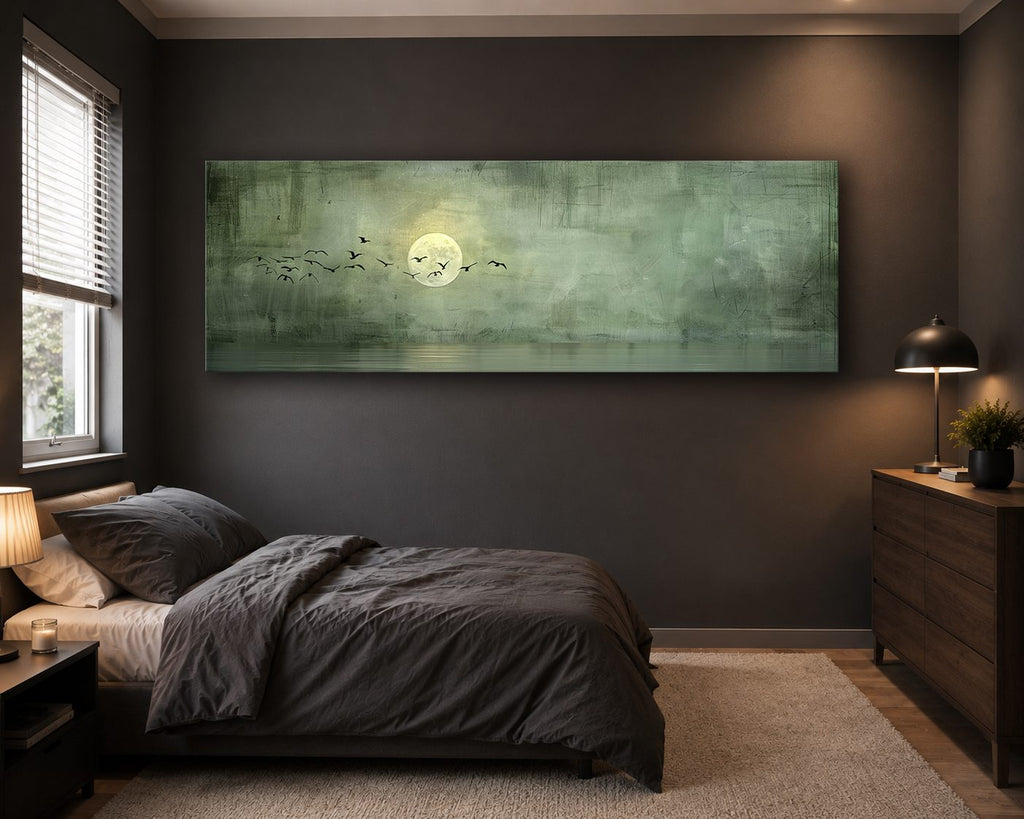Moon and Birds on Sage Green canvas wall art, unframed canvas
