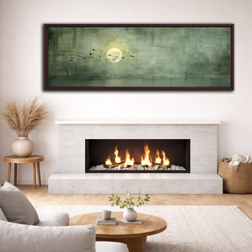 Moon and Birds on Sage Green canvas wall art, walnut floating frame