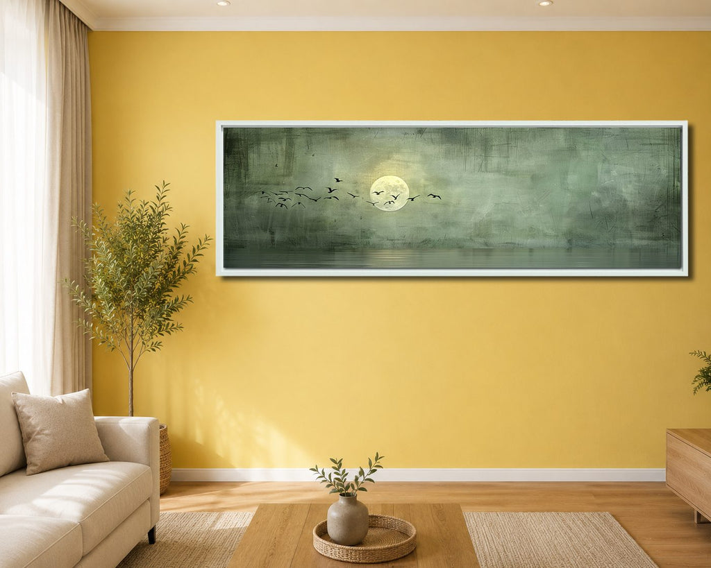 Moon and Birds on Sage Green canvas wall art, white floating frame