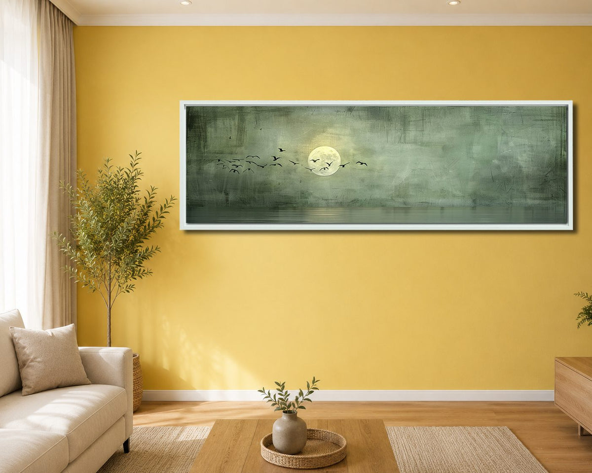 Moon and Birds on Sage Green canvas wall art, white floating frame