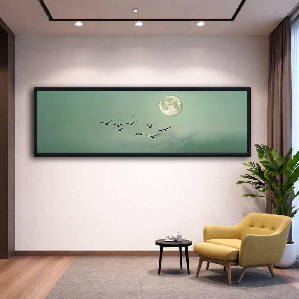 Moon and Flying Birds Mint Sky canvas wall art, black floating frame