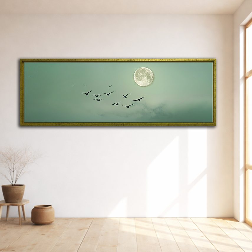 Moon and Flying Birds Mint Sky canvas wall art, gold floating frame