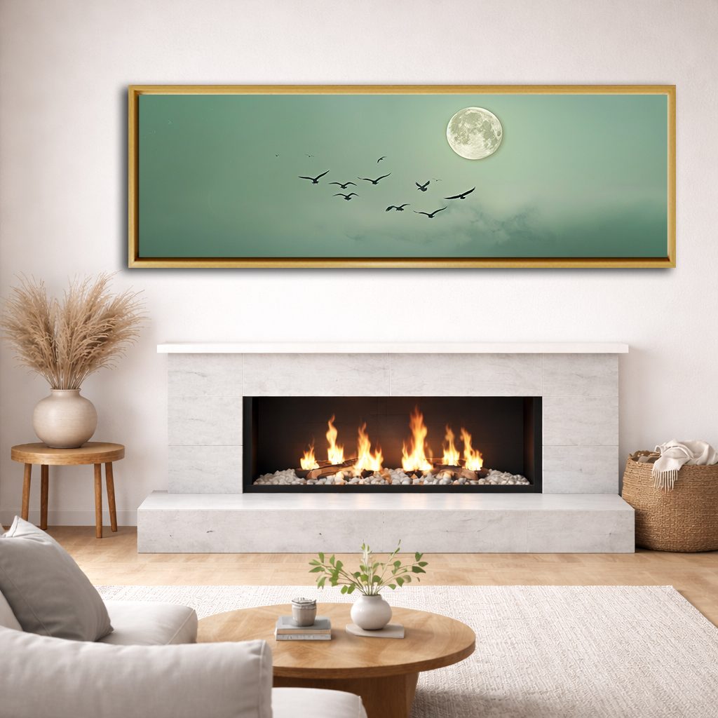 Moon and Flying Birds Mint Sky canvas wall art, natural wood floating frame