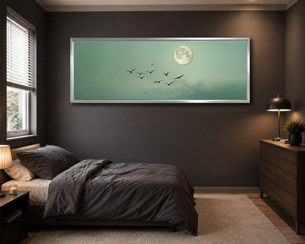 Moon and Flying Birds Mint Sky canvas wall art, silver floating frame