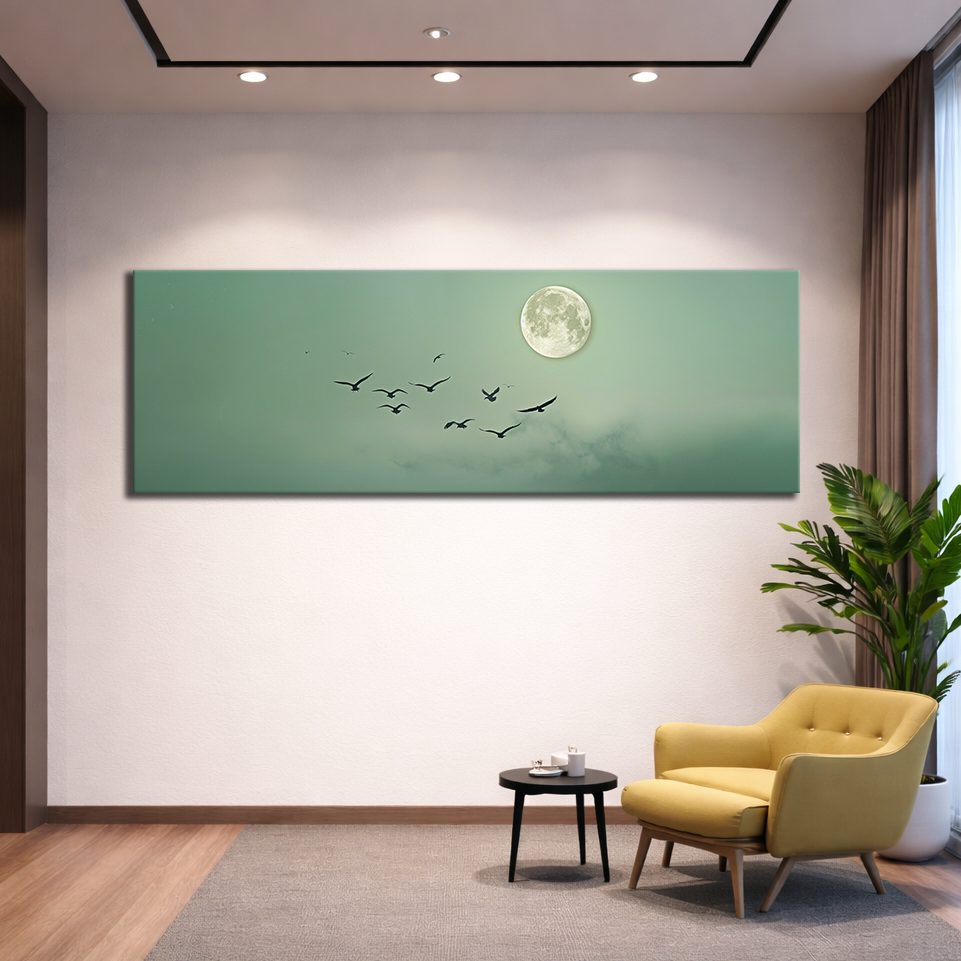 Moon and Flying Birds Mint Sky canvas wall art, unframed canvas