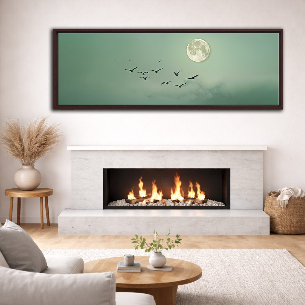 Moon and Flying Birds Mint Sky canvas wall art, walnut floating frame