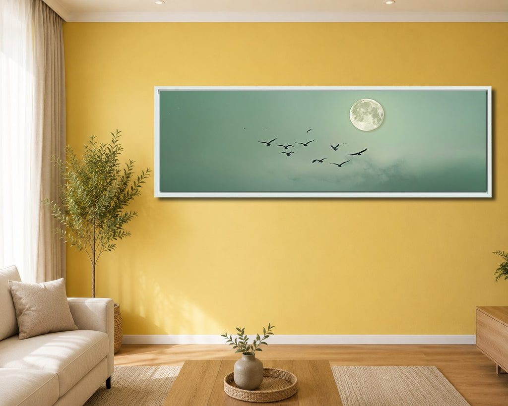 Moon and Flying Birds Mint Sky canvas wall art, white floating frame