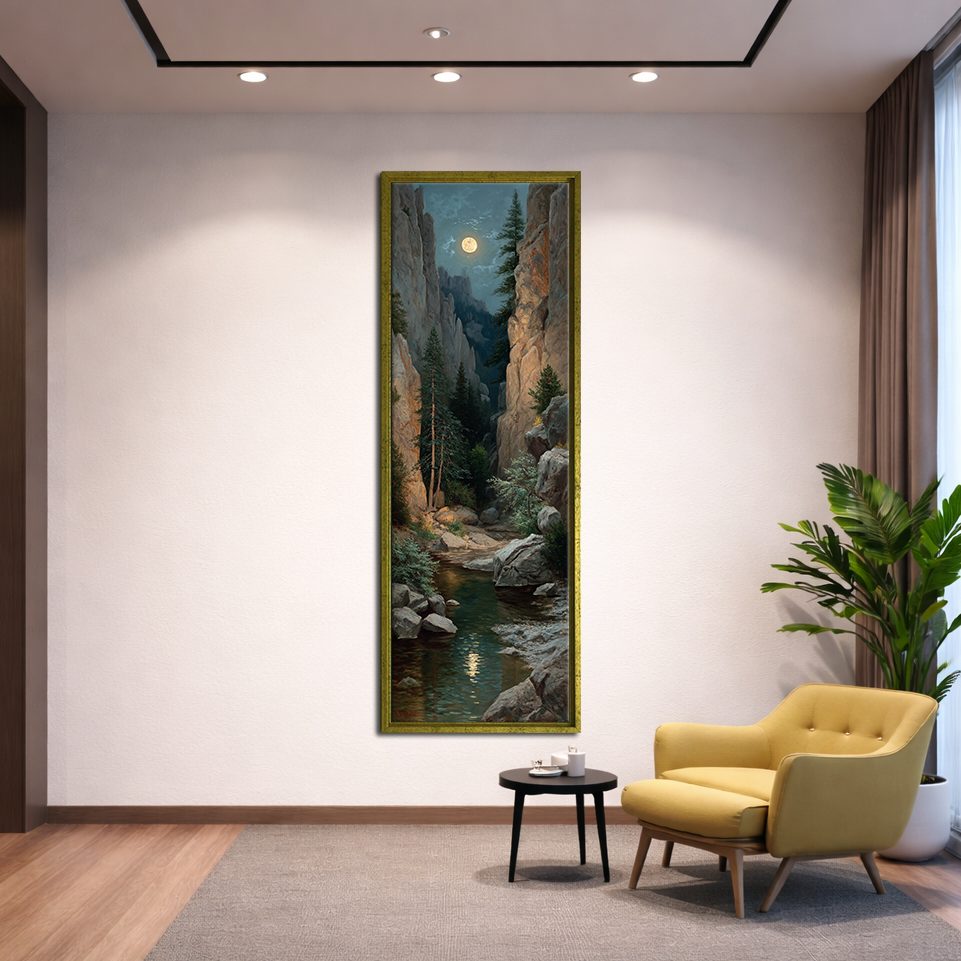 Moonlit Rocky Gorge canvas wall art, gold floating frame