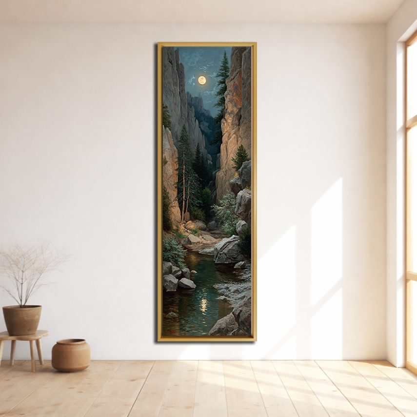Moonlit Rocky Gorge canvas wall art, natural wood floating frame