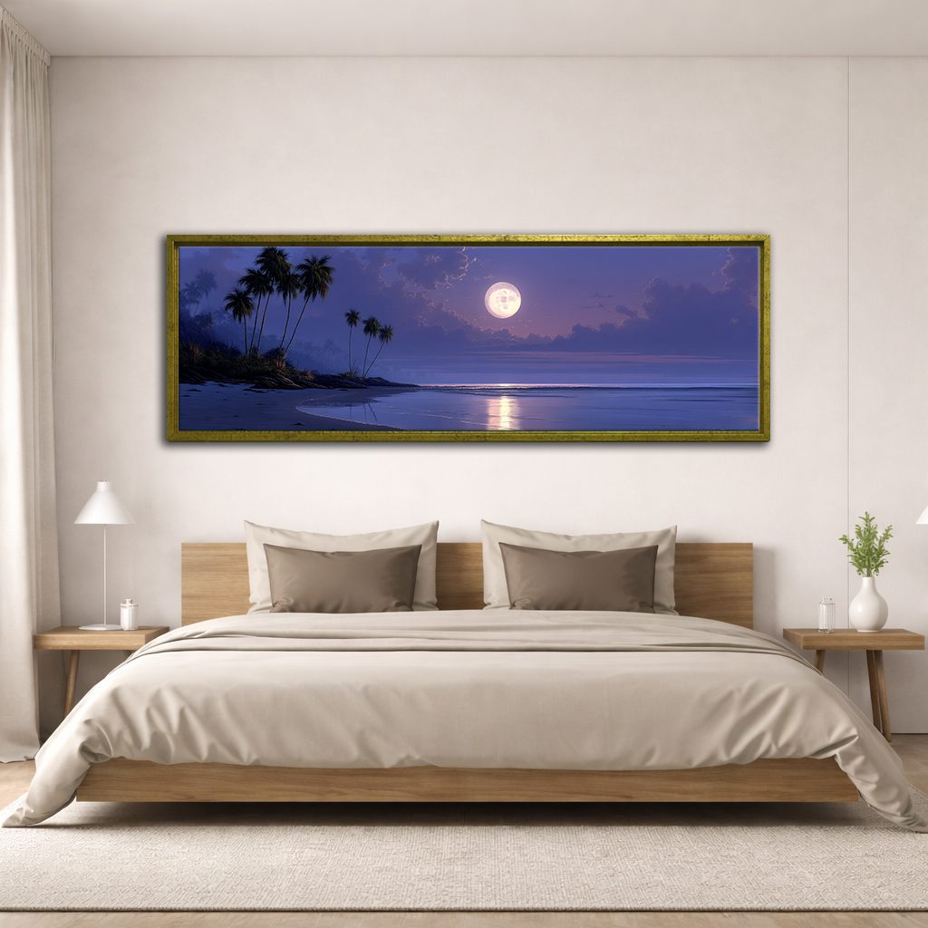 Moonlit Tropical Palm Beach canvas wall art, antique gold floating frame