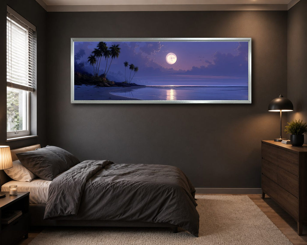 Moonlit Tropical Palm Beach canvas wall art, silver floating frame