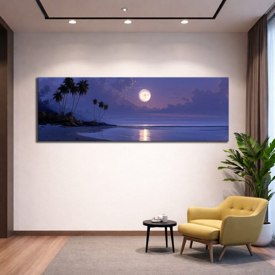 Moonlit Tropical Palm Beach canvas wall art, unframed canvas